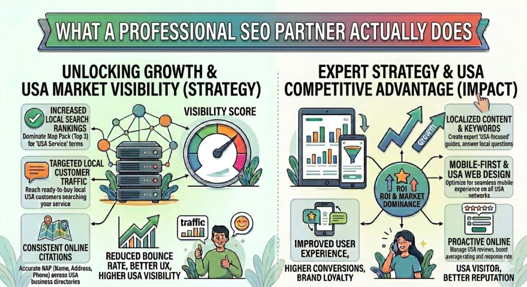 "An educational infographic flowchart titled 'WHAT A PROFESSIONAL SEO PARTNER ACTUALLY DOES'. The left column, titled 'UNLOCKING GROWTH & USA MARKET VISIBILITY (STRATEGY)', outlines core tactics including increased local search rankings to dominate the Map Pack, targeted local customer traffic, and consistent online citations across USA business directories. The right column, titled 'EXPERT STRATEGY & USA COMPETITIVE ADVANTAGE (IMPACT)', details localized content and keywords, mobile-first USA web design, and proactive online review management, all connecting to a central icon showing ROI & market dominance."