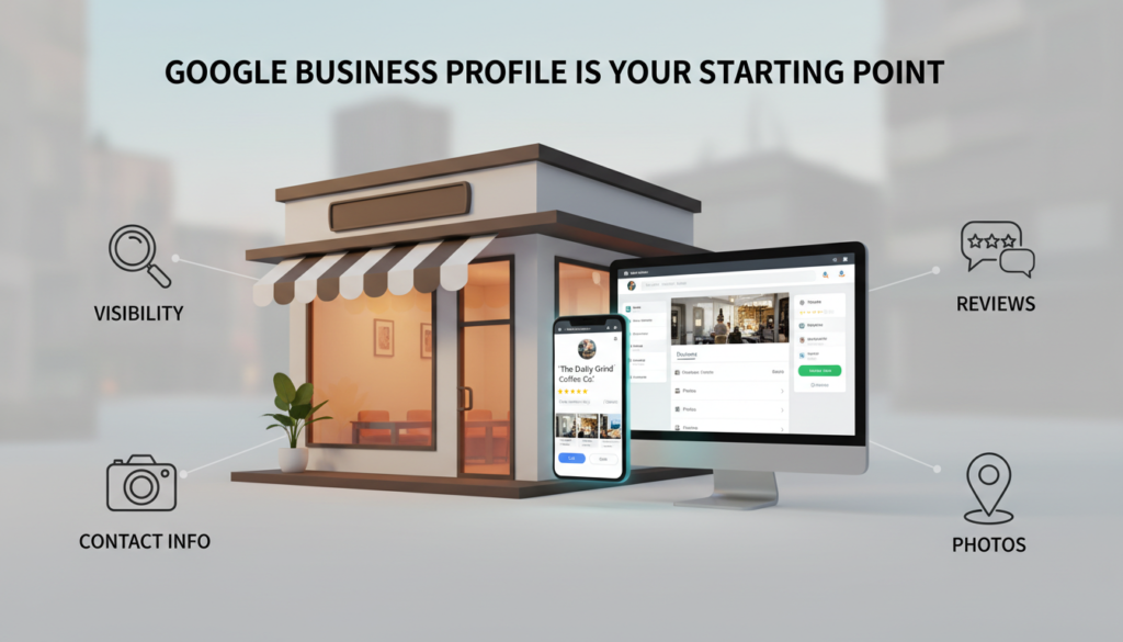 An illustration of a business storefront with Google Business Profile shown on smartphone and desktop, surrounded by icons for visibility, reviews, contact info, location, and photos. The heading "Google Business Profile Is Your Starting Point" is at the top, visually explaining the key advantages of setting up a Google Business Profile for local businesses.