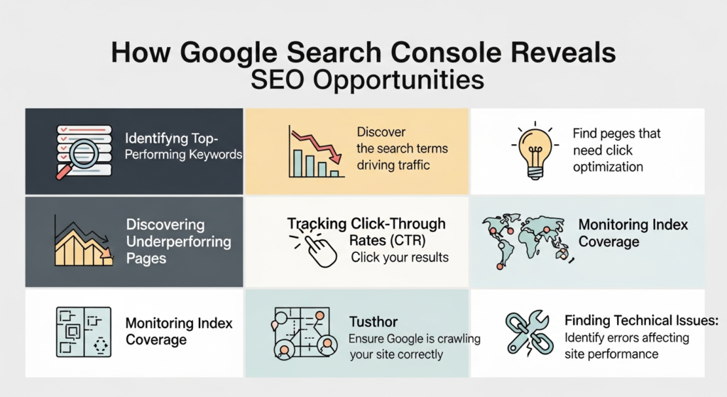 An informative digital graphic titled "How Google Search Console Reveals SEO Opportunities." The image features five main sections with icons: a magnifying glass for "Top-Performing Keywords," a webpage with a down arrow for "Underperforming Pages," a bar chart for "Click-Through Rate (CTR) Tracking," a checklist for "Index Coverage," and a wrench for "Technical Issues." Each section includes a brief explanation related to analyzing keywords, improving pages, monitoring CTR, checking index status, and finding technical SEO issues. The overall design is clear, modern, and visually organized.
