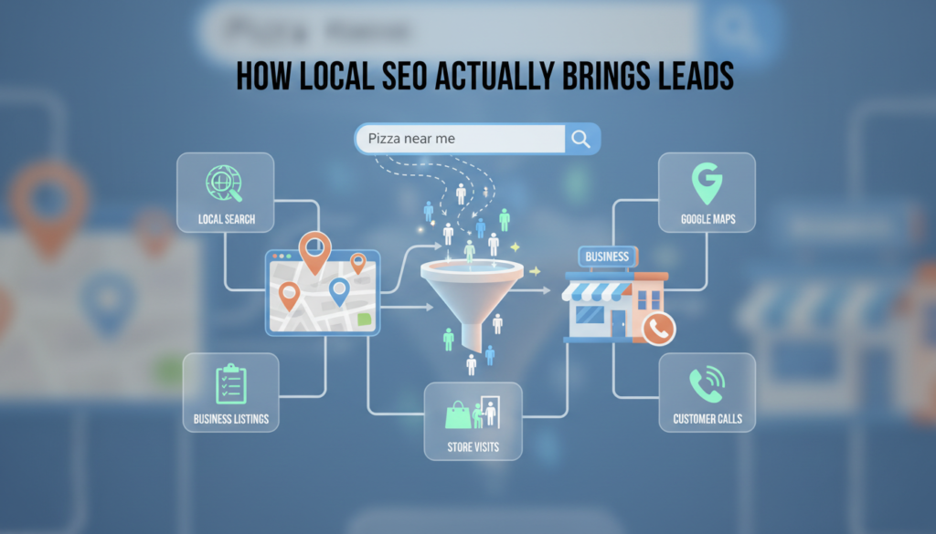 A clear illustration showing a local search leading to map pins, business listings, customer calls, and store visits, illustrating the flow from local SEO efforts to real business leads. The heading "How Local SEO Actually Brings Leads" is at the top, and icons for local search, Google Maps, business listings, customer calls, and store visits surround the image, visually explaining how local SEO turns searches into actual leads for a business.