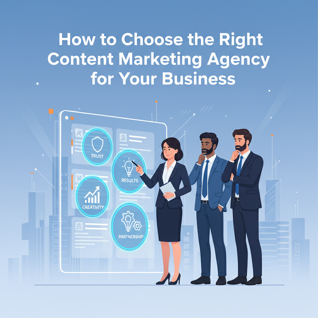 Digital illustration of a business team evaluating content marketing agency profiles on a screen, with icons for trust, creativity, results, and partnership. Heading above reads “How to Choose the Right Content Marketing Agency for Your Business.”