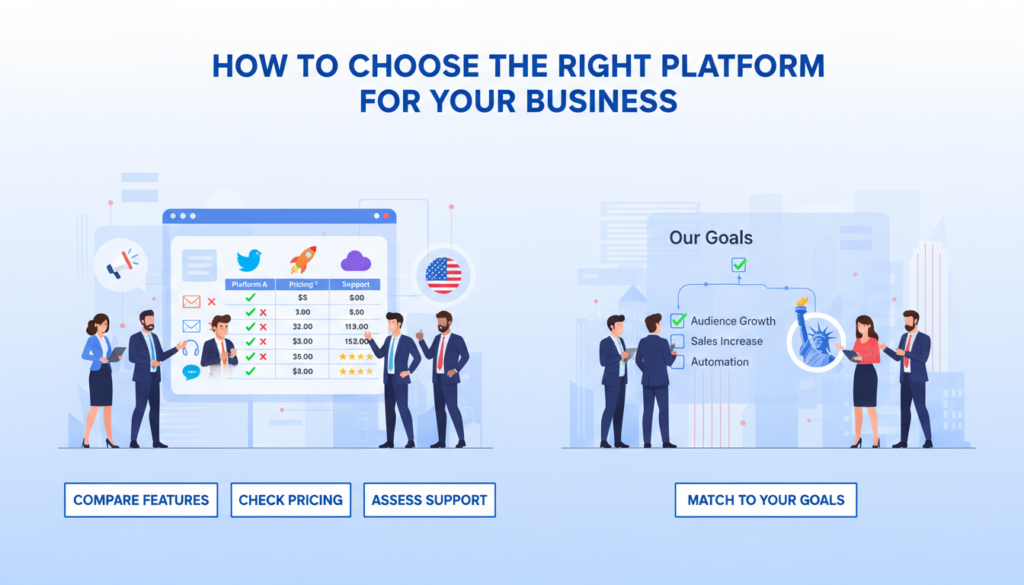 "Professional digital illustration with the heading 'How to Choose the Right Platform for Your Business', showing business professionals comparing digital marketing or email platforms using checklists, charts, ratings, and feature icons. Each visual includes a brief explanation, with subtle US-themed accents, illustrating the platform selection process for businesses."