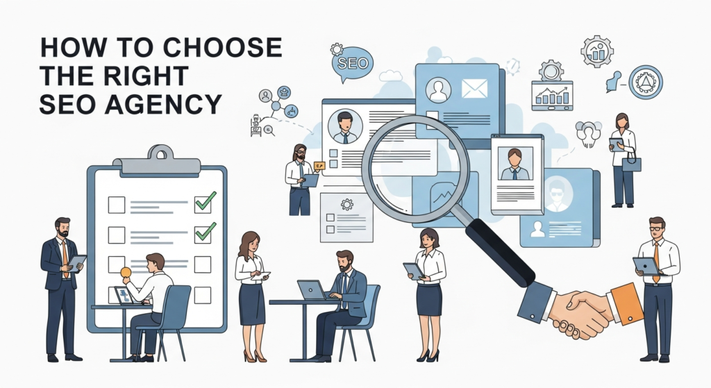 'A digital illustration titled 'How to Choose the Right SEO Agency,' featuring business people reviewing agency portfolios, checklists, a magnifying glass examining agency profiles, a handshake symbolizing partnership, and digital marketing icons. The image represents important factors to consider when selecting an SEO agency."