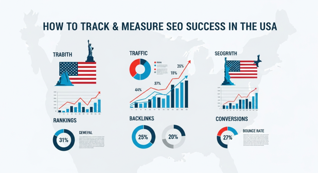 Infographic showing how to track and measure SEO success in the USA. The image features American symbols like the Statue of Liberty and a US map in the background. Key SEO metrics—“Traffic,” “Rankings,” “Backlinks,” “Conversions,” and “Bounce Rate”—are highlighted with graphs and upward arrows, illustrating growth and analysis in digital marketing.