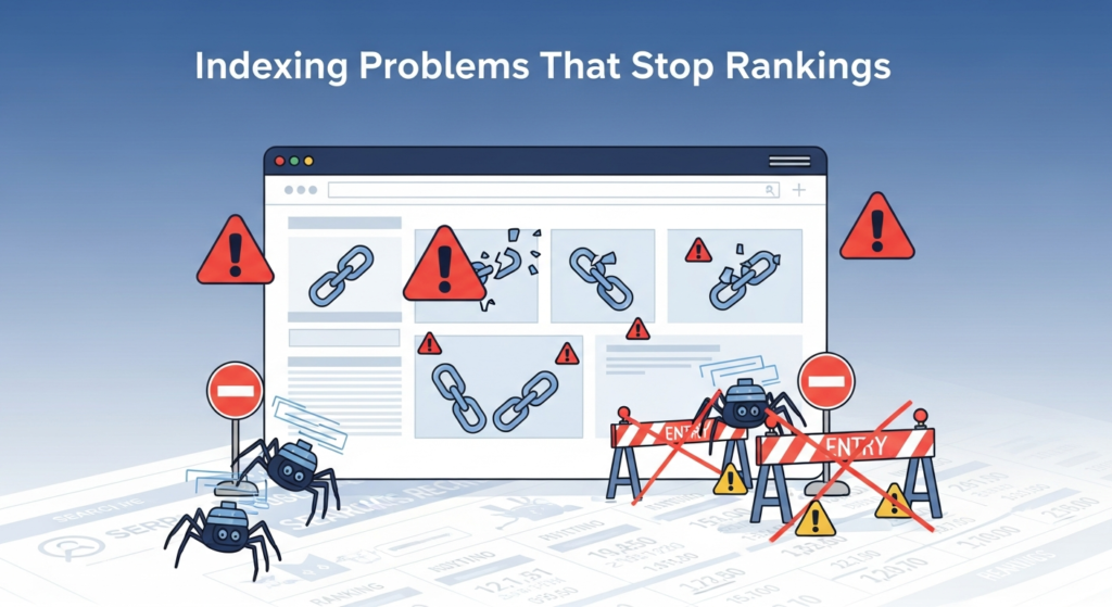 Digital illustration showing a website with warning symbols, broken links, and crawling bots blocked by barriers, with faded search result rankings in the background. The heading "Indexing Problems That Stop Rankings" is displayed at the top, visually representing technical issues that prevent websites from being indexed and ranked by search engines.
