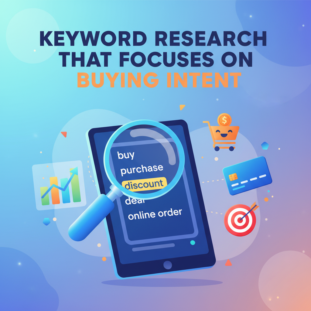 Digital illustration of a magnifying glass over keywords on a document, surrounded by shopping cart, credit card, and target icons, plus data charts and growth arrows. Heading above reads “Keyword Research That Focuses on Buying Intent.”
