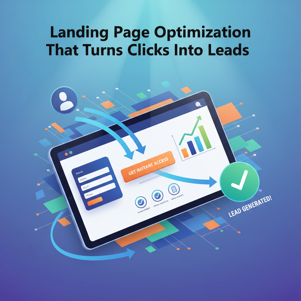 Digital illustration of a landing page on a screen with highlighted CTA button, lead form, trust badges, and analytics graphs, plus arrows showing the conversion flow. Heading above reads “Landing Page Optimization That Turns Clicks Into Leads.”