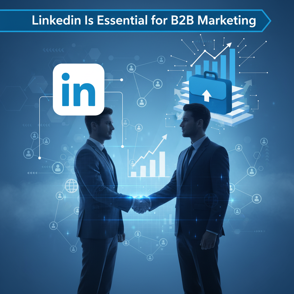 LinkedIn logo, two business professionals shaking hands, briefcases, networking icons, and growth charts—all representing the importance of LinkedIn for B2B marketing and business connections.