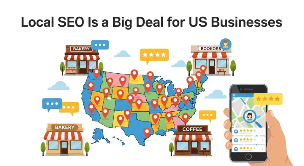 "A digital illustration titled 'Local SEO Is a Big Deal for US Businesses,' featuring a map of the USA with location pins, local storefronts, a smartphone displaying map search results, and icons for customer reviews and local searches. The image highlights the importance of local search optimization for American businesses."