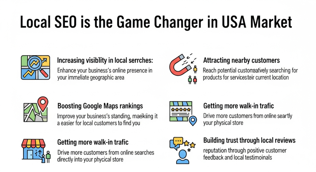 An informative digital graphic titled "Local SEO is the Game Changer in USA Market." The image features five sections with icons: a magnifying glass over a map for "Increasing Visibility in Local Searches," a location pin with people for "Attracting Nearby Customers," a Google Maps marker for "Boosting Google Maps Rankings," a storefront with footsteps for "Getting More Walk-in Traffic," and a star or thumbs-up for "Building Trust Through Local Reviews." Each section includes a brief explanation about how local SEO helps businesses appear in local searches, attract nearby customers, rank higher on Google Maps, increase walk-in visits, and build a positive reputation through local reviews. The design is modern, clear, and easy to follow.