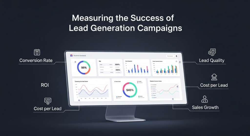 A modern business illustration showing analytics dashboards, graphs, and charts labeled with terms like "Conversion Rate," "ROI," "Lead Quality," "Cost per Lead," and "Sales Growth." The heading "Measuring the Success of Lead Generation Campaigns" is at the top, visually explaining how businesses track and assess campaign effectiveness.