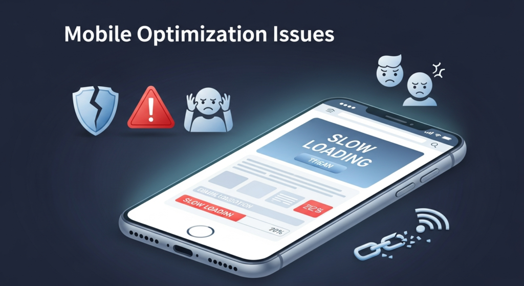 Digital illustration of a smartphone displaying a poorly formatted website with overlapping text, tiny buttons, and slow loading indicators. Warning symbols and frustrated user icons highlight mobile optimization issues, with the heading "Mobile Optimization Issues" at the top, visually representing common problems with mobile website usability.