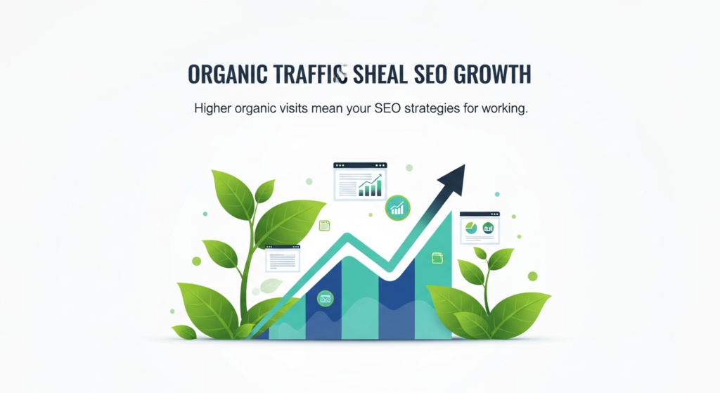 Infographic showing an upward-trending website analytics graph surrounded by green leaves, symbolizing natural (organic) SEO growth. The heading reads “Organic Traffic Shows Real SEO Growth.” Below, an explanation in Roman Urdu says: “Organic traffic woh visitors hain jo naturally, bina kisi ad ke, aapki website par search engines se aate hain. Zyada organic visits batate hain ke aapki SEO strategy sahi direction mein ja rahi hai.”