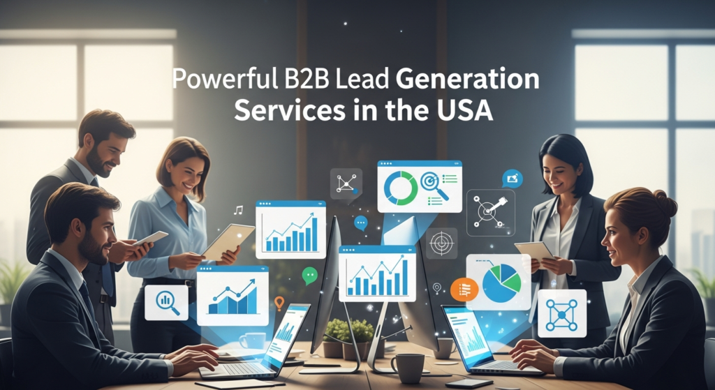 A modern office scene showing a team collaborating with charts, graphs, and digital icons representing B2B lead generation. The heading "Powerful B2B Lead Generation Services in the USA" is prominently displayed at the top. This image visually conveys business growth and digital lead generation in a US business environment.