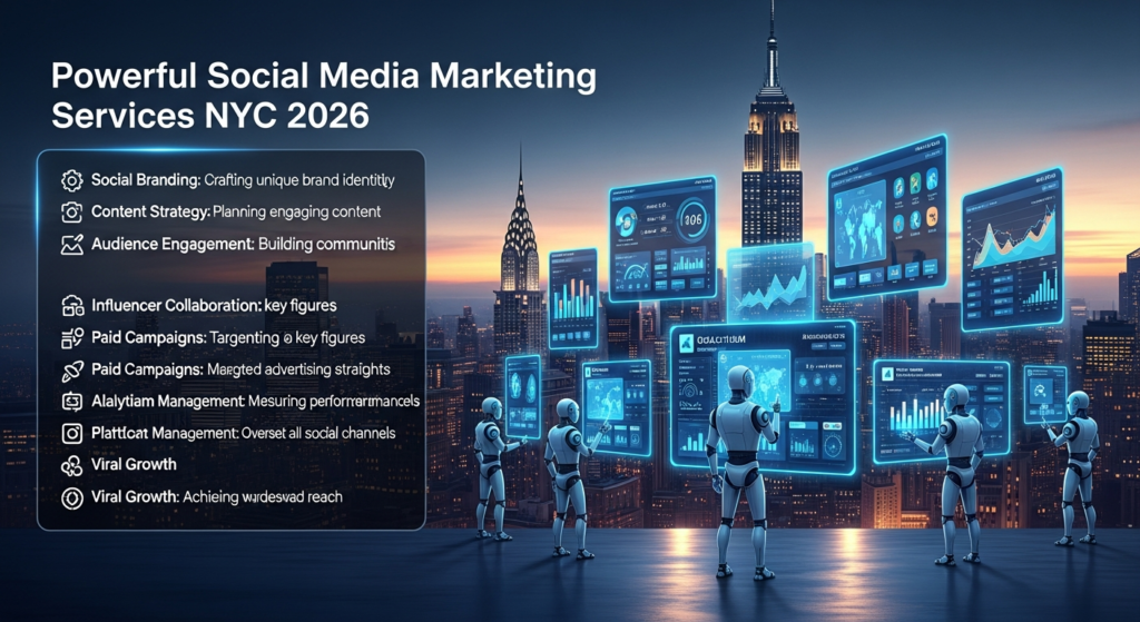 Ek digital illustration hai jo “Powerful Social Media Marketing Services NYC 2026” ko represent karta hai. Scene mein New York City ka futuristic skyline nazar aa raha hai, jismein pehchane jaane wale landmarks dikhai de rahe hain. AI robots social media platforms ko manage kar rahe hain aur digital dashboards par social engagement aur analytics dikhaye gaye hain. Upar heading hai: “Powerful Social Media Marketing Services NYC 2026.” Side par modern overlay hai jahan keywords—Social Branding, Content Strategy, Audience Engagement, Influencer Collaboration, Paid Campaigns, Analytics Tracking, Platform Management, aur Viral Growth—ki short explanations aur icons shamil hain. Design tech-inspired, colorful aur professional hai.