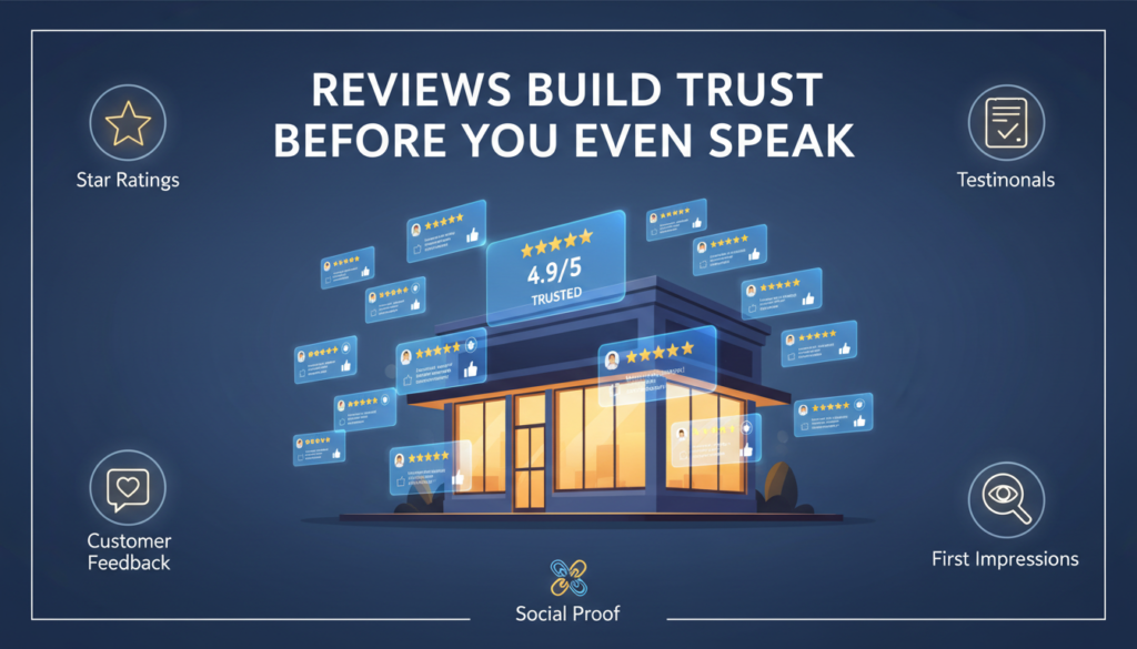 A digital illustration of a business storefront with positive reviews appearing on screens and smartphones. The heading "Reviews Build Trust Before You Even Speak" is at the top, and icons for star ratings, feedback, testimonials, first impressions, and social proof surround the scene, visually explaining how reviews help establish trust before any direct interaction.