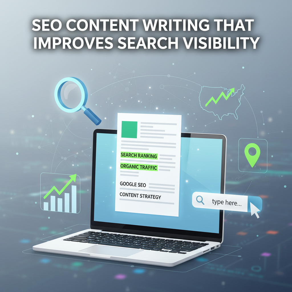 Digital illustration of a laptop displaying akeyword-optimisedd article, surrounded by SEO icons (magnifying glass, search bar, graph, USA map), with the heading “SEO Content Writing That Improves Search Visibility” above.
