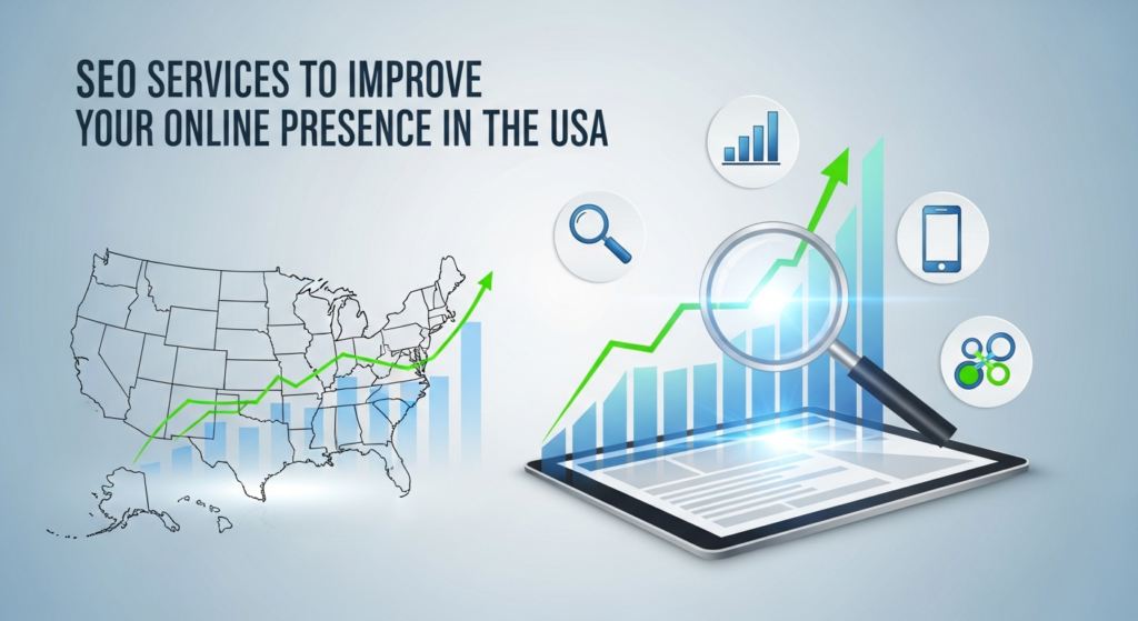 'A digital illustration titled 'SEO Services to Improve Your Online Presence in the USA,' featuring a map of the USA, upward trending graphs, a magnifying glass over a website, and icons representing digital marketing, search, analytics, mobile, and social media. The visual highlights strategies to boost online visibility for businesses in the United States."