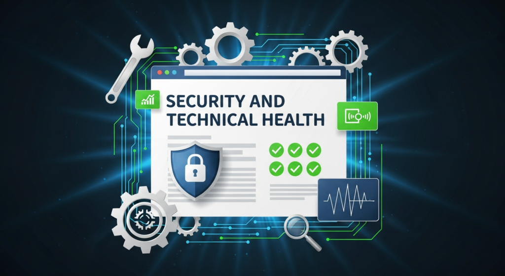 Digital illustration showing a web page protected by a shield, padlock, and security checkmarks, with gears and diagnostic icons representing technical health. The heading "Security and Technical Health" is displayed at the top, visually emphasizing the importance of website protection and ongoing technical maintenance.