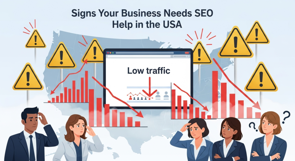  'A digital illustration titled 'Signs Your Business Needs SEO Help in the USA,' featuring a struggling website with low traffic, warning exclamation marks, falling graphs, confused business people, and a map of the USA in the background. The image visually represents challenges like poor search rankings and low online visibility for American businesses."