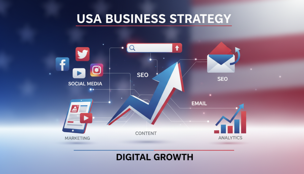 "Illustration featuring social media, content creation, SEO, email marketing, and analytics icons with USA flag colors, symbolizing digital marketing growth strategies for American businesses."