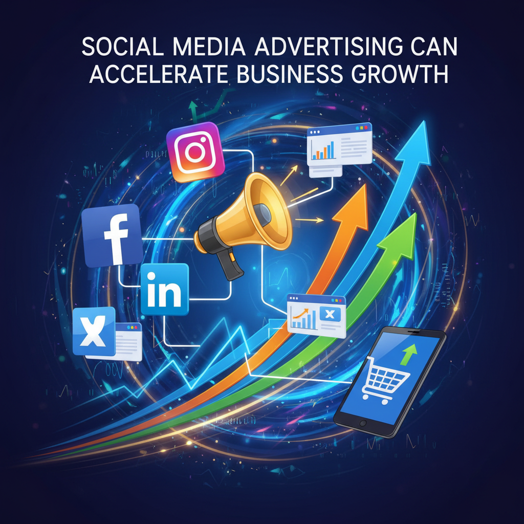 A collection of social media logos (Facebook, Instagram, LinkedIn, X), digital advertising icons (megaphones, pop-up ads), and dynamic growth charts with upward arrows—symbolizing how social media advertising can drive rapid business growth.
