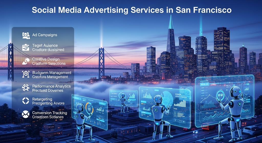 Ek digital illustration hai jo “Social Media Advertising Services in San Francisco” ko represent karta hai. Scene mein San Francisco ka futuristic cityscape hai, jismein Golden Gate Bridge aur dusre mashhoor landmarks dikhai dete hain. AI robots social media ads manage kar rahe hain aur digital dashboards par advertising metrics nazar aa rahe hain. Upar heading hai: “Social Media Advertising Services in San Francisco.” Side par modern overlay hai jahan keywords—Ad Campaigns, Target Audience, Creative Design, Platform Selection, Budget Management, Performance Analytics, Retargeting, aur Conversion Tracking—ki short explanations aur icons shamil hain. Design tech-inspired, colorful aur professional hai.