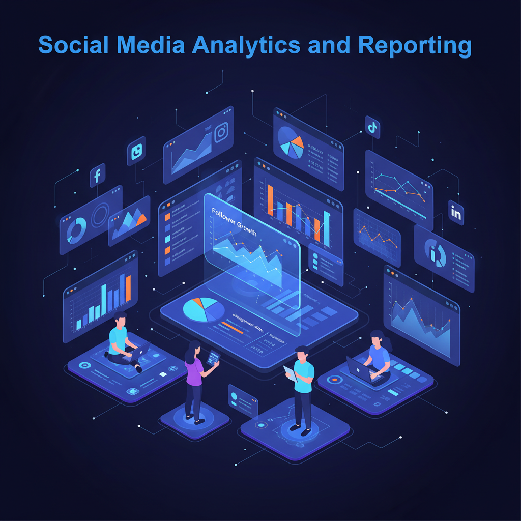 A professional digital illustration featuring people analyzing social media data on screens, with charts, graphs, and dashboards showing engagement rates, follower growth, and impressions. Icons of major social media platforms are present. The heading “Social Media Analytics and Reporting” is displayed in bold, clear font.