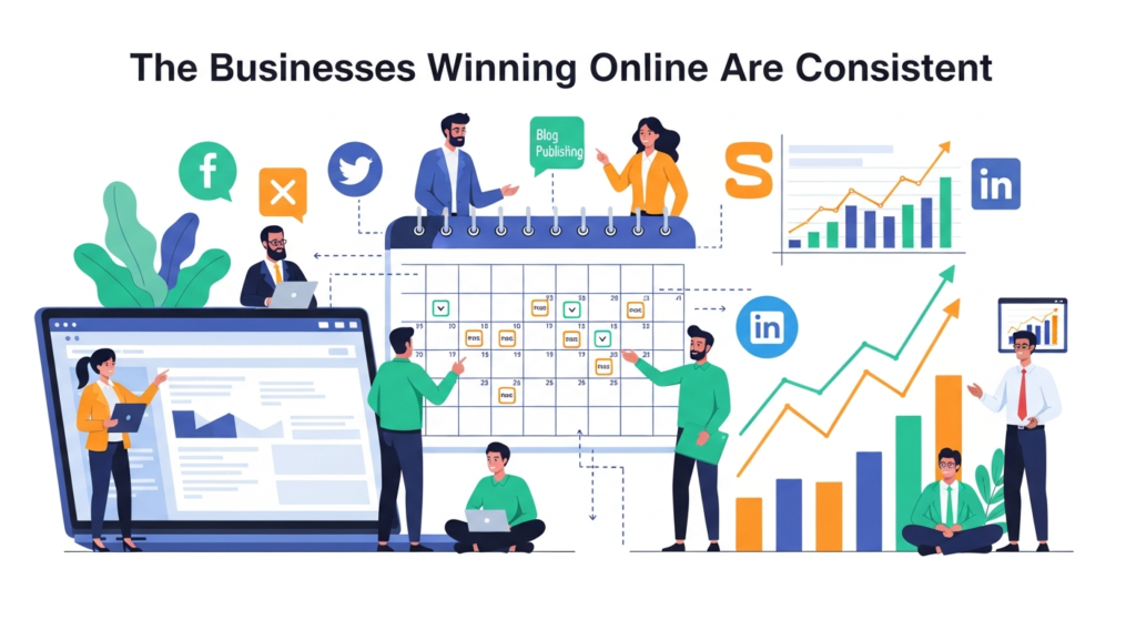  "A digital illustration titled 'The Businesses Winning Online Are Consistent,' featuring a calendar with regular posts, upward trending graphs, a laptop displaying scheduled content, business people collaborating, and icons for social media, blogs, and analytics. The image highlights the importance of consistent online activity for business success."