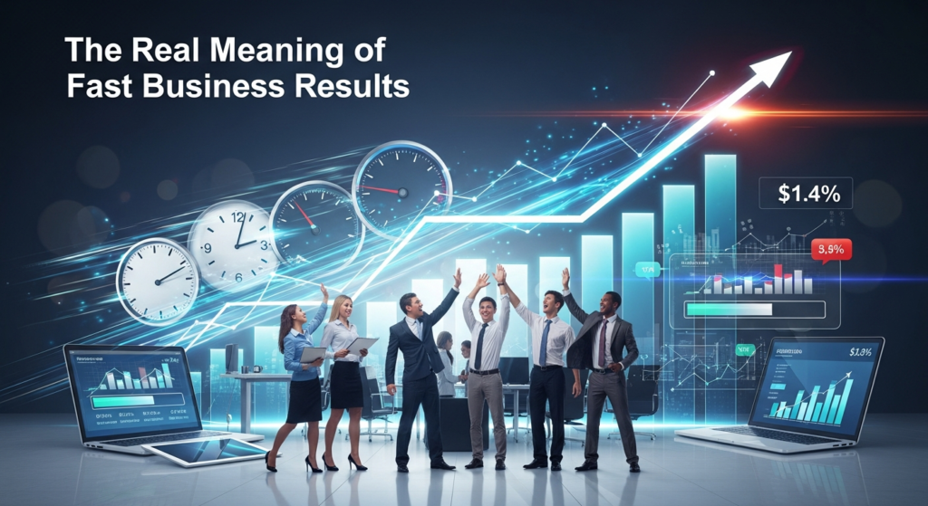 Digital illustration of a business team celebrating rapid growth, with clocks, speedometers, upward-trending graphs, and digital devices showing quick progress. The heading "The Real Meaning of Fast Business Results" is displayed at the top, visually representing the concept of achieving business success quickly.
