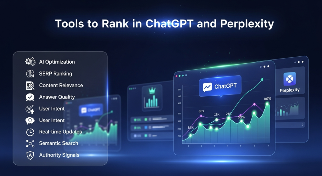 A digital illustration hai jo un tools ko dikhata hai jo websites aur content ko ChatGPT aur Perplexity search results mein rank karne mein madad karte hain. Scene mein AI-powered dashboards nazar aa rahe hain, ranking graphs, aur ChatGPT aur Perplexity ke logos bhi shamil hain. Upar heading likhi hai: “Tools to Rank in ChatGPT and Perplexity.” Side par modern overlay hai jahan key terms—AI Optimization, SERP Ranking, Content Relevance, Answer Quality, User Intent, Real-time Updates, Semantic Search, aur Authority Signals—ke explanations aur har ek ke saath icons hain. Design bright, tech-inspired aur professional hai.