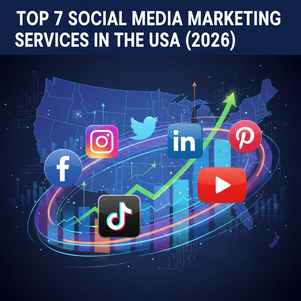 A modern digital illustration featuring icons of major social media platforms (Facebook, Instagram, Twitter, LinkedIn, TikTok, YouTube, Pinterest) arranged around a map of the USA. The image includes upward arrows, marketing graphs, and the bold heading: "Top 7 Social Media Marketing Services in the USA (2026)" in a professional, vibrant style.