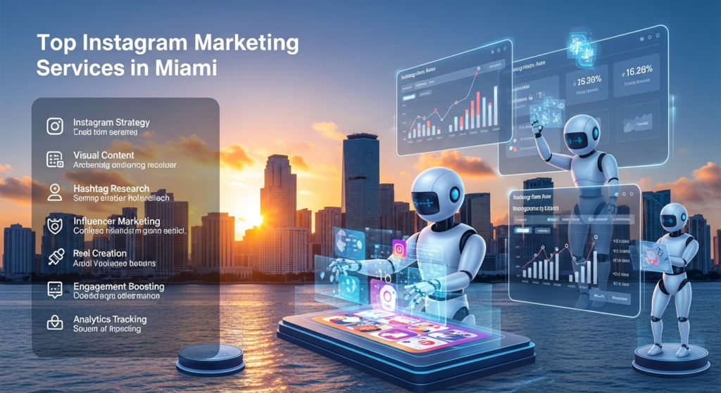 Ek digital illustration hai jo “Top Instagram Marketing Services in Miami” ko represent karta hai. Scene mein Miami ka vibrant cityscape hai, jismein pehchane jaane wale landmarks dikhai de rahe hain. AI robots Instagram posts create kar rahe hain aur engagement data analyze kar rahe hain. Digital dashboards par Instagram metrics nazar aa rahe hain. Upar heading hai: “Top Instagram Marketing Services in Miami.” Side par modern overlay hai jahan keywords—Instagram Strategy, Visual Content, Hashtag Research, Influencer Marketing, Audience Insights, Reel Creation, Engagement Boosting, aur Analytics Tracking—ki short explanations aur icons shamil hain. Design tech-inspired, colorful aur professional hai.