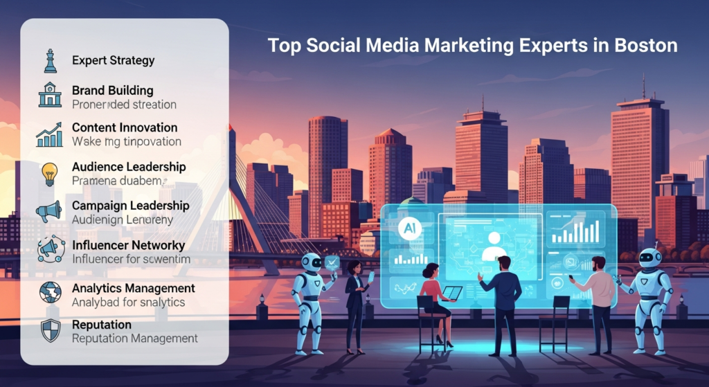Ek digital illustration hai jo “Top Social Media Marketing Experts in Boston” ko represent karta hai. Scene mein Boston ka modern cityscape hai, jismein mashhoor landmarks dikhai dete hain. AI robots aur expert avatars mil kar social media strategies par kaam kar rahe hain, jabke digital dashboards par marketing metrics nazar aa rahe hain. Upar heading hai: “Top Social Media Marketing Experts in Boston.” Side par modern overlay hai jahan keywords—Expert Strategy, Brand Building, Content Innovation, Audience Growth, Campaign Leadership, Influencer Networking, Analytics Mastery, aur Reputation Management—ki short explanations aur icons shamil hain. Design tech-inspired, colorful aur professional hai.