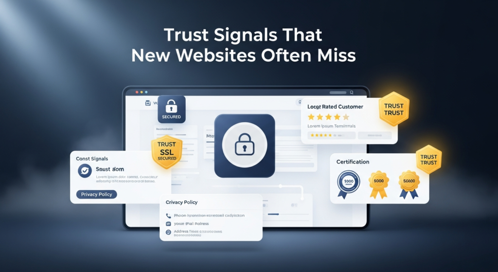 A digital illustration titled 'Trust Signals That New Websites Often Miss,' featuring trust badges like SSL locks, customer reviews, a privacy policy, visible contact information, business certifications, and a new website design in the background. The image highlights essential credibility elements for new websites."