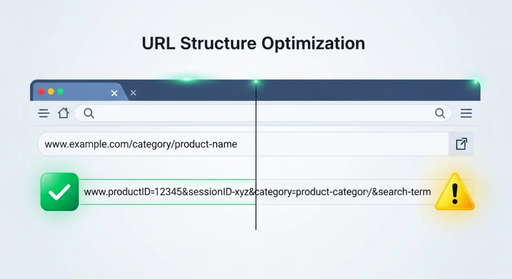 Digital illustration showing a web browser address bar with a clean, organized URL path next to a messy, complicated URL. The optimized URL has a checkmark, while the bad URL has a warning symbol. The heading "URL Structure Optimization" appears at the top, visually representing best practices for creating user-friendly and SEO-optimized URLs.