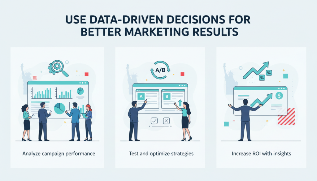 "Professional digital illustration with the heading 'Use Data-Driven Decisions for Better Marketing Results', showing business professionals reviewing analytics dashboards with charts, graphs, and performance metrics. Includes icons for analytics tools, A/B testing, and conversion rates, each with brief explanations. Subtle US-themed accents emphasize a results-driven, modern marketing approach."