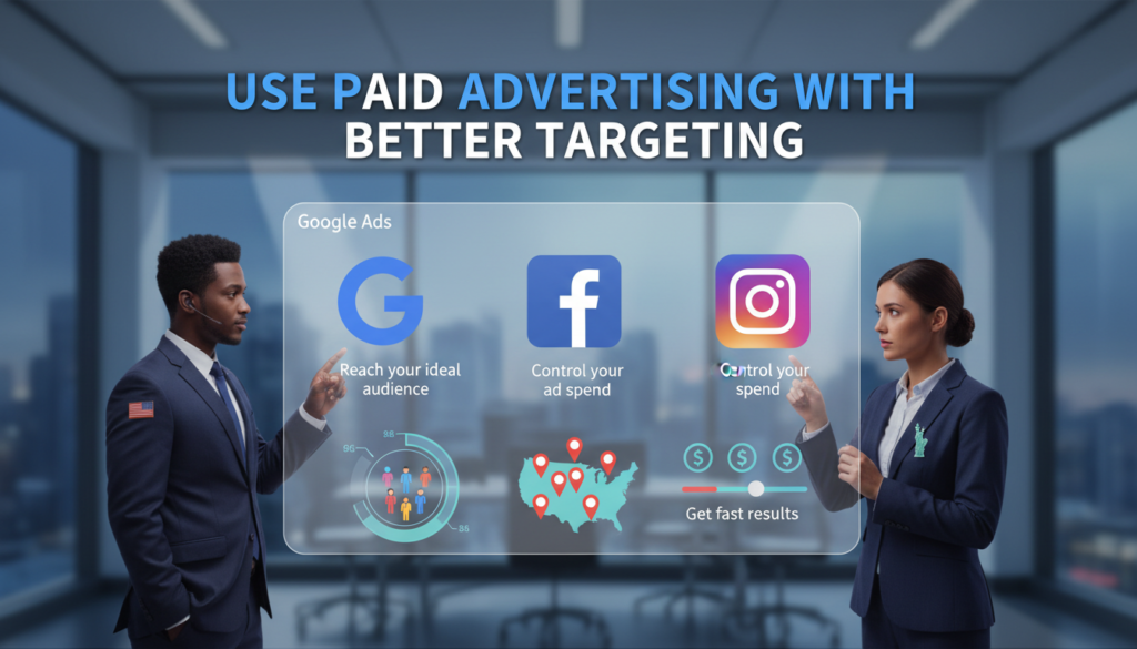"Professional digital illustration with the heading 'Use Paid Advertising With Better Targeting', showing a dashboard with icons for Google Ads, Facebook Ads, and Instagram Ads. Targeting elements like audience demographics, location pins, and budget controls are included, along with brief explanations. Business professionals analyze ad performance with subtle US-themed accents, illustrating effective targeted advertising for business growth."