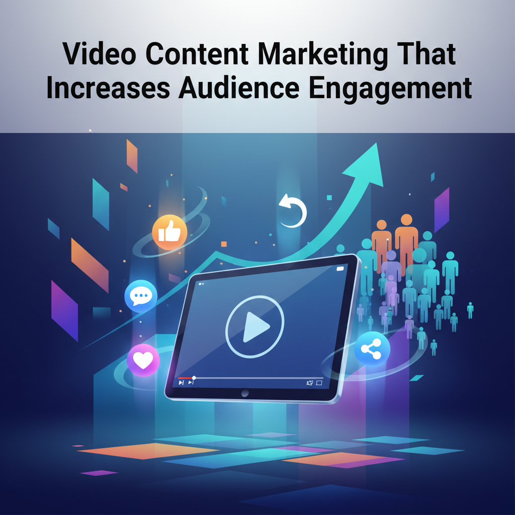Digital illustration of a screen playing a video, surrounded by engagement icons (like, comment, share, heart) and upward-trending audience graphs. Heading above reads “Video Content Marketing That Increases Audience Engagement.”