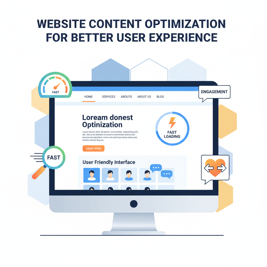 Digital illustration showing a well-designed website interface with highlighted features for navigation, readability, speed, and engagement. Heading above reads “Website Content Optimisation for Better User Experience".