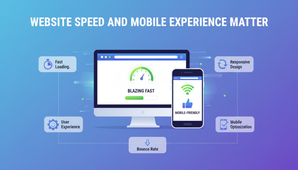 A modern illustration showing a website loading quickly on both a smartphone and a desktop, with speed and mobile-friendly icons. The heading "Website Speed and Mobile Experience Matter" is at the top, and icons for fast loading, responsive design, user experience, mobile optimization, and bounce rate surround the image, visually explaining why website speed and mobile usability are critical for business success.