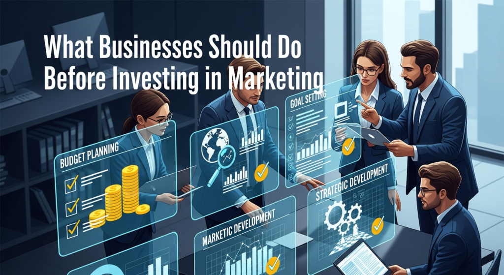 Digital illustration of a business team planning with charts, checklists, and goal-setting boards, including symbols for budget planning, research, and strategy—all marked with positive checkmarks. The heading "What Businesses Should Do Before Investing in Marketing" is displayed at the top, visually emphasizing the importance of preparation and strategic planning before launching marketing efforts.