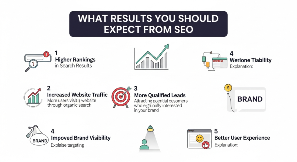 An informative digital graphic titled "What Results You Should Expect from SEO." The image features five sections with icons: an upward arrow or search bar for "Higher Rankings in Search Results," a people or traffic icon for "Increased Website Traffic," a lead or funnel icon for "More Qualified Leads," a megaphone or eye for "Improved Brand Visibility," and a smiley face or navigation arrows for "Better User Experience." Each section includes a brief explanation about how SEO improves search rankings, brings more visitors, attracts interested leads, increases brand awareness, and enhances website usability. The design is modern, clear, and visually organized.