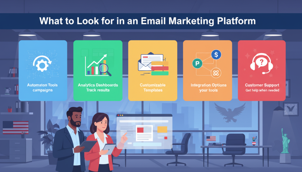 "Professional digital illustration with the heading 'What to Look for in an Email Marketing Platform', showing automation tools, analytics dashboards, customizable templates, integrations, and customer support. Each feature includes a brief explanation. Business professionals compare email marketing platforms, with subtle US-themed accents for context. 