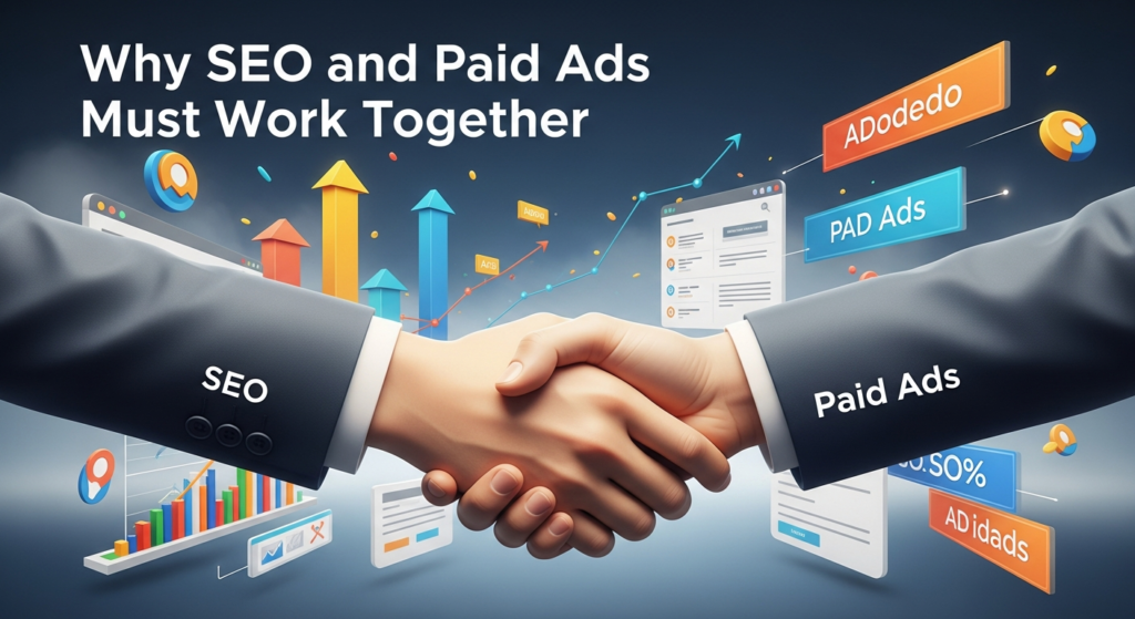Digital illustration of two hands shaking—one labeled "SEO" and the other "Paid Ads"—with graphs, search engine results, and ad banners in the background. The heading "Why SEO and Paid Ads Must Work Together" is displayed at the top, visually representing the synergy and partnership between these two marketing strategies.