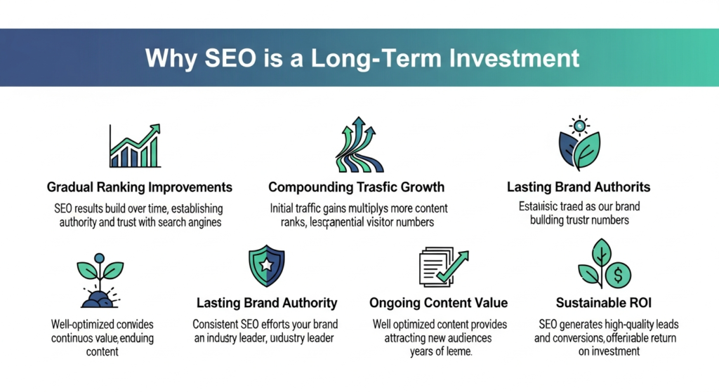 An informative digital graphic titled "Why SEO is a Long-Term Investment." The image features five sections with icons: a staircase or line graph for "Gradual Ranking Improvements," an upward traffic chart for "Compounding Traffic Growth," a medal or shield for "Lasting Brand Authority," a document or open book for "Ongoing Content Value," and a dollar sign with arrows for "Sustainable ROI." Each section includes a brief explanation about how SEO delivers steady ranking progress, growing organic traffic, enduring brand credibility, content that keeps working over time, and ongoing, cost-effective returns. The design is modern, clear, and visually organized.