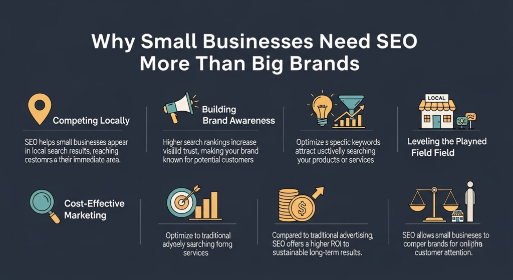 An informative digital graphic titled "Why Small Businesses Need SEO More Than Big Brands." The image features five sections with icons: a map pin for "Competing Locally," a megaphone or lightbulb for "Building Brand Awareness," a target or magnet for "Attracting Targeted Customers," a dollar sign or piggy bank for "Cost-Effective Marketing," and balanced scales or a rising graph for "Leveling the Playing Field." Each section includes a short explanation about how SEO helps small businesses show up in local searches, boost their online presence, reach relevant customers, market affordably, and compete with larger companies. The design is modern, clear, and easy to understand.