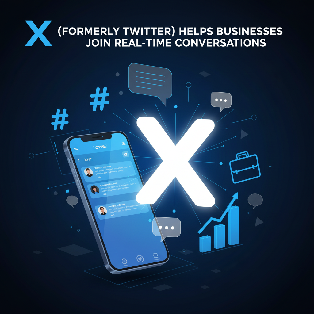 The X logo (Twitter’s new brand), a smartphone displaying a live feed, hashtag and comment icons, speech bubbles, and business symbols—representing how X enables businesses to participate in real-time conversations.