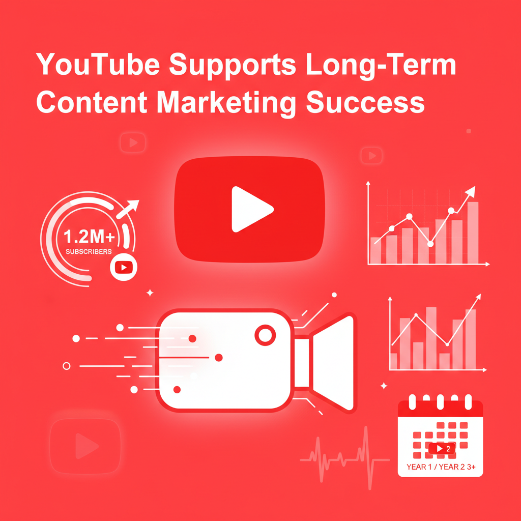 YouTube logo, video camera, play buttons, a rising subscriber count, video analytics graphs, and a calendar—illustrating YouTube’s role in long-term content marketing success.