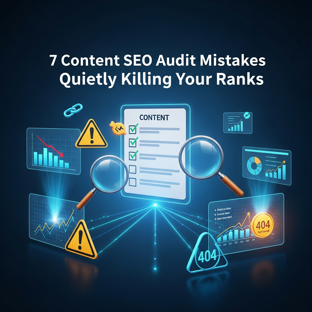 A digital illustration showing SEO-related visuals: a warning sign, a content checklist, charts, and magnifying glass icons. The heading "7 Content SEO Audit Mistakes Quietly Killing Your Ranks" is displayed in bold, modern font. The colors blue, green, and orange highlight urgency and a digital marketing theme.